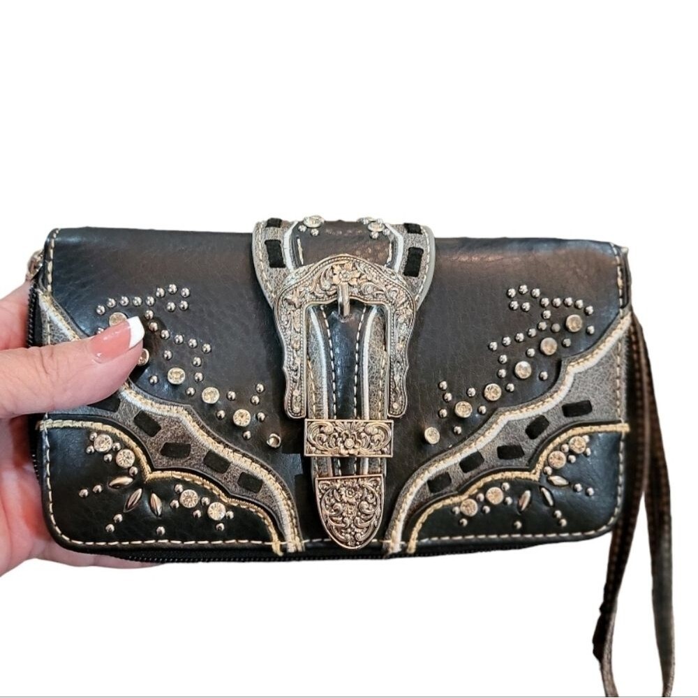 Western  zip around wristlet wallet embelished Black rhinestones studs *
